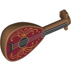 LEGO part 80503pr0004 Musical Instrument Lute with White Strings , Gold Decorations on Dark Red/Black Background print in Nougat