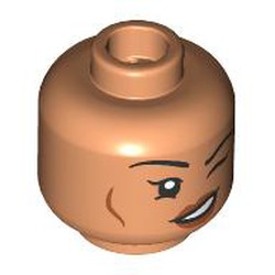 LEGO part 28621pr9863 Minifig Head Halfling Druid, Thin Black Eyebrows, Peach Lips, Lopsided Smile, Wink/Smirk in Nougat