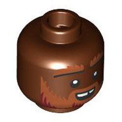 LEGO part 28621pr9869 Minifig Head Dwarf Barbarian, Dark Orange Thick Eyebrows, Beard, Moustache, Smile with Chipped Tooth/Frown in Reddish Brown