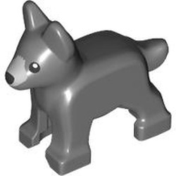 LEGO part 02889pr0002 Animal, Dog, Small (Puppy), Alsatian / German Shepherd with Light Bluish Grey Snout, Black Nose, Eyes print in Dark Stone Grey / Dark Bluish Gray