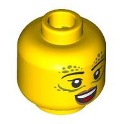 LEGO part 28621pr9866 Minifig Head with printMinifig Head Gith Warlock, Silver Decorations, Thin Black Eyebrows, Peach Lips, Open Mouth Smile/Angry, Stern in Bright Yellow/ Yellow