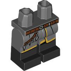 LEGO part 970c12pat03pr0002 Hips with Dark Bluish Gray Legs and Black Boots Pattern with Reddish Brown Belt, Coat Ends, Gold Trim, Strap with Jewels print in Dark Stone Grey / Dark Bluish Gray