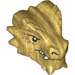 LEGO part 77194pr0004 Minifig Head Special, Dragon with White Teeth, Cupper Markings print in Warm Gold/ Pearl Gold