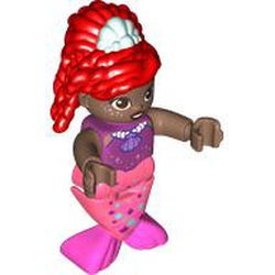 LEGO part dupupn9999pr0001 Duplo Figure with Hair High Red, Light Aqua Shell, Coral Mermaid Legs (Ariel) in Bright Reddish Violet/ Magenta