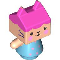 LEGO part 107527pr0001 Figure, Kitten with Light Nougat Square Head, Dark Pink Hair/Roof print in Medium Azure