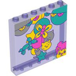 LEGO part 59349pr9997 Panel 1 x 6 x 5 with Balloons, Kittens, Butterflies print in Transparent Bright Bluish Violet/ Trans-Purple