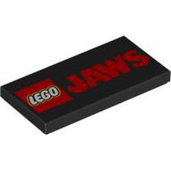 LEGO part 87079pr9897 Tile 2 x 4 with LEGO Logo, Red 'JAWS' print in Black