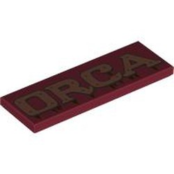 LEGO part 69729pr9995 Tile 2 x 6 with Copper 'ORCA' print in Dark Red