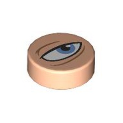 LEGO part 98138pr0397 Tile Round 1 x 1 with Squinting Eye, Medium Azure Pupil, Right print in Light Nougat