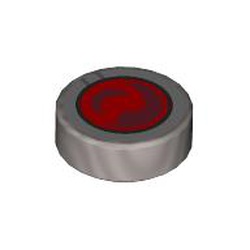 LEGO part 98138pr0399 Tile Round 1 x 1 with Red Lens print in Silver Metallic/ Flat Silver