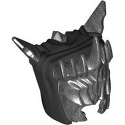 LEGO part 5695pat0001 Helmet with Grill, Spiked Crown with Black Hood Pattern (Mouth of Sauron) in Titanium Metallic / Pearl Titanium