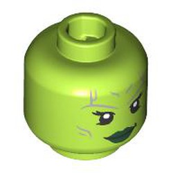 LEGO part 28621pr9898 Minifig Head Gamora, Dual Sided, Silver Lines, Dark Green Lips, Open Mouth Smile / Angry in Bright Yellowish Green/ Lime