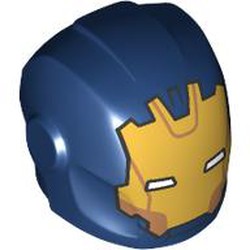 LEGO part 28631pr0009 Helmet with Armor Plates and Ear Protectors with Gold Ironman Mask, White Eyes print in Earth Blue/ Dark Blue