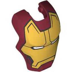 LEGO part 10908pr0013 Headwear Accessory Visor Top Hinge with Gold Ironman Mask, White Eyes print in Dark Red