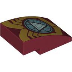 LEGO part 24309pr9998 Slope Curved 3 x 2 No Studs with Gold Armor, Triangle Arc Reactor print in Dark Red