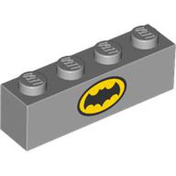 LEGO part 3010pr9923 Brick 1 x 4 with Yellow/Black Batman Logo on Both Sides print in Medium Stone Grey/ Light Bluish Gray