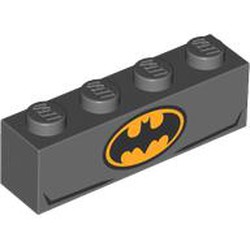 LEGO part 3010pr9922 Brick 1 x 4 with Bright Light Orange/Black Batman Logo on One Side, Black Bat, Muscles on Other Side print in Dark Stone Grey / Dark Bluish Gray