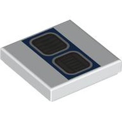 LEGO part 3068bpr9360 Tile 2 x 2 with 2 Dark Bluish Grey Grilles, Light Bluish Grey Border, Dark Blue Background print in White