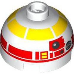 LEGO part 3262pr0001 Brick Round 2 x 2 Dome Top with Yellow/Red Astromech Droid print (L3-G0) in White