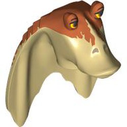 LEGO part 92743pr0004 Minifig Head Special, Gungan with Dark Orange Top, Orange Eyes print in Brick Yellow/ Tan