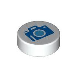 LEGO part 98138pr0420 Tile Round 1 x 1 with Blue Camera print in White