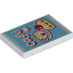 LEGO part 26603pr9959 Tile 2 x 3 with White/Red 'cafe', Coffee, Cake print in White