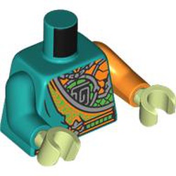 LEGO part 973e134pr0001 Torso, Odd Arms, Left Orange Arm, Right Dark Turquoise Arm, Yellowish Green Hands with print in Bright Bluish Green/ Dark Turquoise