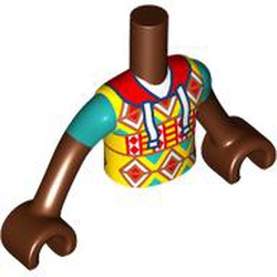 LEGO part 11408c06pr0008 Minidoll Torso Boy with Yellow Shirt, Red/White/Dark Orange/Dark Turquoise Decorations, White Laces print, Reddish Brown Arms and Hands in Reddish Brown