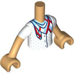 LEGO part 11408c07pr0008 Minidoll Torso Boy with White Shirt, Bright Light Blue Dots, Bright Light Blue/Red/White Scarf print, Warm Tan Arms and Hands in Warm Tan