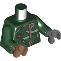 LEGO part 973f041pr0001 Torso, Odd Hands, Tan Straps, Dark Bluish Grey Hose, Armor, Silver Dial print, Black Arms, Left Dark Bluish Grey, Hand, Right Medium Brown Hand with new print in Earth Green/ Dark Green