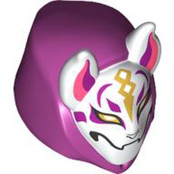 LEGO part 105646pr0001 Mask, Wolf with Magenta Hood, Gold. Magenta, Coral Markings print in White