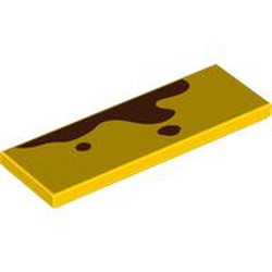 LEGO part 69729pr9994 Tile 2 x 6 with 2 Small, 1 Large Reddish Brown Splotches print in Bright Yellow/ Yellow