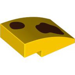 LEGO part 24309pr9997 Slope Curved 3 x 2 No Studs with 2 Reddish Brown Splotch print in Bright Yellow/ Yellow