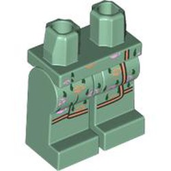 LEGO part 970c25pr0001 Hips and Sand Green Legs with Robe End, Nougat Trim, Dark Green/Tan/Lavender Decorations print in Sand Green