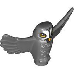 LEGO part 67632pr0005 Animal, Bird, Owl Small with Open Wings, Bright Light Orange Eyes, Beak, White Face, Feathers print in Dark Stone Grey / Dark Bluish Gray