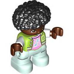 LEGO part 102708pr0002 Duplo Figure Child, Afro Black, Light Aqua Legs, Bright Pink Shirt Print in Bright Yellowish Green/ Lime