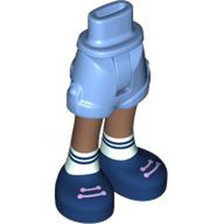 LEGO part 36198c01pr0007 Minidoll Hips and Shorts with Medium Brown Legs, White Socks, Dark Blue Shoes print in Light Royal Blue/ Bright Light Blue