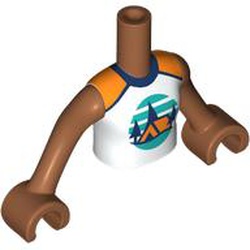 LEGO part 92456c19pr0002 Minidoll Torso Girl with Orange Tent, Dark Blue Trees, Dark Turquoise Sky, Ground print, Sienna Brown Arms and Hands in Sienna Brown