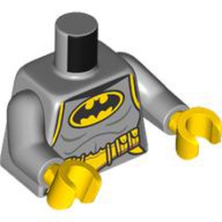 LEGO part 973c14h01pr0001 Torso, Batman Suit, Yellow/Black Logo, Utility Belt, Light Bluish Gray Arms, Yellow Hands in Medium Stone Grey/ Light Bluish Gray