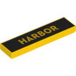 LEGO part 2431pr9987 Tile 1 x 4 with 'HARBOR' on Black Background print in Bright Yellow/ Yellow
