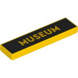 LEGO part 2431pr9985 Tile 1 x 4 with 'MUSEUM' on Black Background print in Bright Yellow/ Yellow