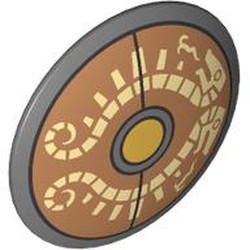 LEGO part 75902pr9996 Minifig Shield Round Bowed with Tan Decorations on Medium Nougat Field print in Dark Stone Grey / Dark Bluish Gray