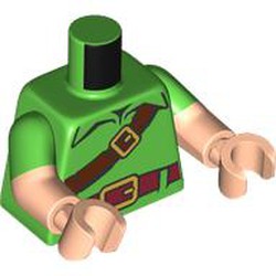 LEGO part 973g06c02h02pr0001 Torso, Shirt, Dark Red Belt, Gold Buckle, Reddish Brown Strap print, Dual Molded Arms with Bright Green Sleeves Pattern, Light Nougat Arms and Hands in Bright Green