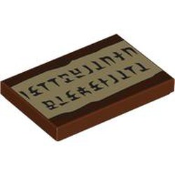 LEGO part 26603pr9958 Tile 2 x 3 with Tan Scroll, Black Hylian Script print in Reddish Brown