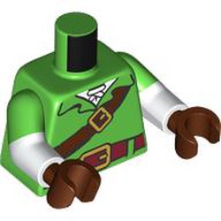 LEGO part 973g06c27h19pr0001 Torso, Shirt, Dark Red Belt, Gold Buckle, Reddish Brown Strap, White Shirt print, Dual Molded Arms with Bright Green Sleeves Pattern, White Arms, Reddish Brown Hands with print in Bright Green