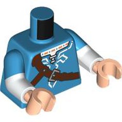 LEGO part 973g04c27h02pr0001 Torso, Reddish Brown Straps, Silver Decorations print, Dual Molded Arms with Dark Azure Sleeves Pattern, White Arms, Light Nougat Hands with print in Dark Azure