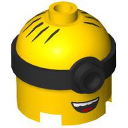 LEGO part 67649pr0005 Minifig Head Special, Minion, Medium, 1-Eyed Goggles, Open Mouth Smile, Tongue print in Bright Yellow/ Yellow