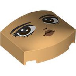 LEGO part 5787pr0002 Brick Curved 3 x 4 with Curved Front, Face, Black Eyebrows, Dark Brown Eyes, Peached Lips, Sideways Look print in Warm Tan