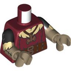 LEGO part 973g03c11h11pr0001 Torso, Dual Molded Arms with Reddish Brown Belts, Pockets, Copper Belt Buckle, Axe Pendant, Horn on Back print, Black Sleeves Pattern, Dark Tan Arms and Hands in Dark Red