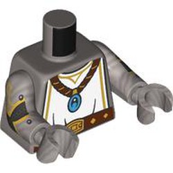 LEGO part 973c30h30pr0001 Torso, White Tabard, Gold Trim, Reddish Brown Necklace, Azure Pendants, Belt, Flask On Back print, Flat Silver Arms and Hands in Silver Metallic/ Flat Silver